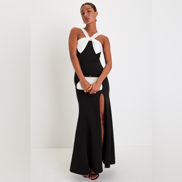 LULU’S Luxurious Outlook Black And White Bow Mermaid Maxi Dress - Picture 2 of 10